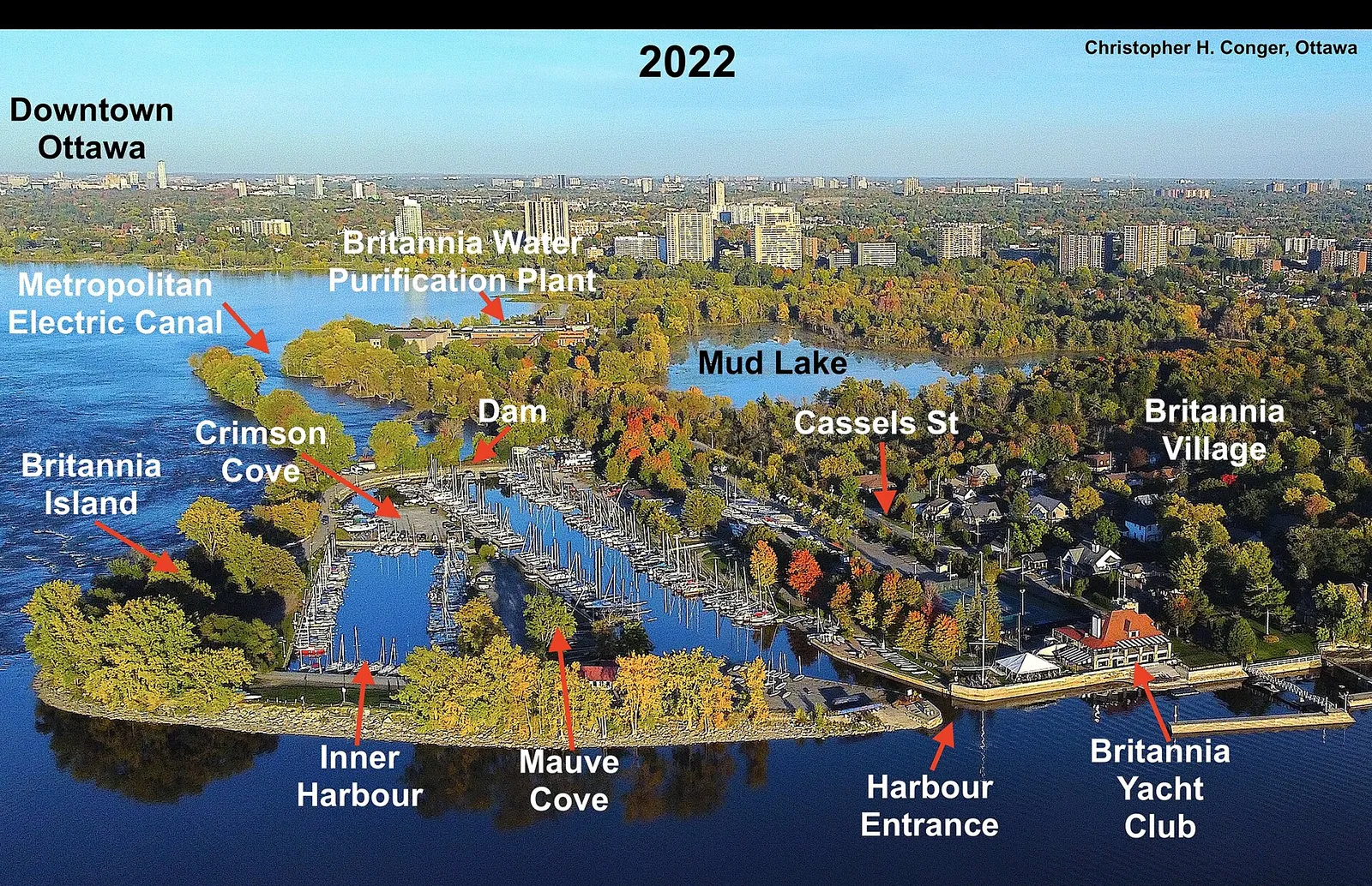Aerial Britannia Yacht Club harbours, C. Conger, 2023